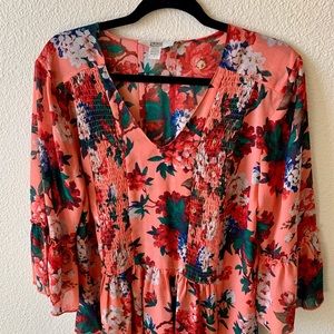 Coral print floral blouse